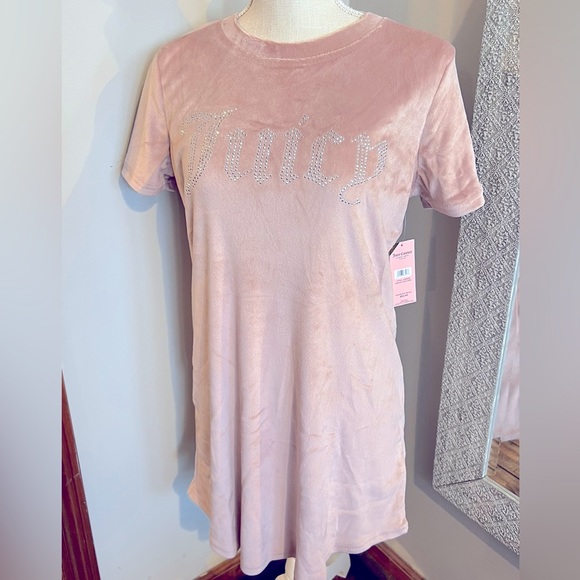 👑🩷JUICY COUTURE Pink Soft Velour Rhinestone Embellished Logo Y2K Sleep Shirt - Picture 5 of 10